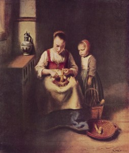니콜라스 마에, 「당근 껍질을 까는 여인과 곁에 선 아이」(1655)